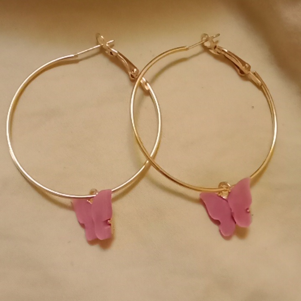 New rose  pink butterfly  hoop earrings